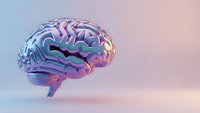 Holographic brain with iridescent purple and pink colors on gradient background for neuroscience, psychology, artificial intelligence and medical concepts.