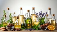 Collection of essential oils in glass bottles with cork stoppers, herbs, spices and citrus for aromatherapy and natural wellness treatments.