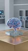 Digital brain model with neural network patterns displayed on futuristic holographic interface in modern laboratory setting for medical research.