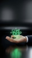 Businessman hand holding glowing green digital circuit tree hologram representing technology innovation and sustainable business growth solutions.