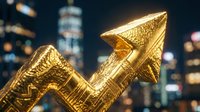 Golden arrow pointing upward with textured surface against blurred city skyline at night, symbolizing growth, success, and financial progress for business and investment concepts.