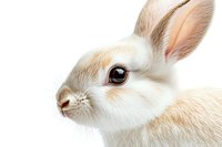 White bunny rabbit face close up on white background, side profile portrait showing detailed fur texture and large brown eye. Isolated for design projects.
