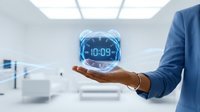 10:09 digital clock hologram floating above businessman hand in modern office workspace for time management and technology concepts.