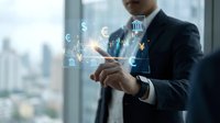 Professional businessman in dark suit touching digital financial icons and currency symbols in modern office environment for fintech presentations.