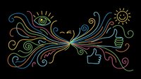 Colorful line art illustration featuring swirling decorative elements with eye, thumbs up, sun and flowing organic patterns on black background.