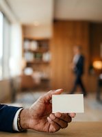Businessman holding blank business card in modern office lobby with colleague in background, networking and professional communication concept.