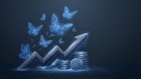 Digital transformation concept with glowing blue butterflies emerging from ascending arrow graph and coin stacks representing business growth and innovation.