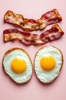 Crispy bacon strips and sunny side up fried eggs on pink background. Classic breakfast food ingredients for cooking and meal preparation concepts.