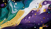 Fluid art abstract background with flowing teal, purple, gold and white paint creating organic shapes with bubbles and droplets for modern design projects.