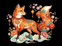 Ornate fox with Chinese folk art patterns, lanterns, cherry blossoms, and peonies, isolated on transparent background, ready for stickers, sublimation, and t-shirt design.