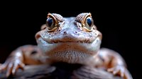 Close-up macro portrait of gecko face with large expressive eyes and detailed skin texture against dark background, showing intricate reptilian features.