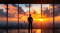 Silhouette of businessman standing at panoramic window overlooking cityscape during dramatic orange sunset with glowing clouds and urban skyline.