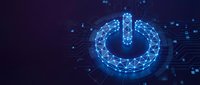 Glowing blue power button symbol with geometric network connections on dark digital background for technology and electronics design concepts.
