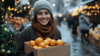 Young Asian woman in winter attire holding box of fresh oranges at outdoor holiday market with festive bokeh lights and decorations in background. Seasonal shopping concept.