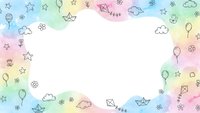 Colorful watercolor frame with hand drawn doodles including stars, balloons, clouds, paper boats and kites on white background for kids design projects.