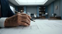 Professional architect hand drawing detailed building plans and blueprints on drafting table in modern office workspace for construction project development.