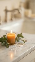 Burning candle with eucalyptus leaves and sea salt on marble bathroom counter creating peaceful spa atmosphere for relaxation and self-care rituals.