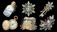 Six winter fantasy clipart elements isolated on transparent background. Includes snow globe bottle, snowflake, key, compass, treasure chest, and pine branch. For stickers, T-shirts, print on demand.