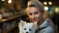 Young Caucasian woman with blonde hair holding white Pomeranian puppy in cozy cafe setting with warm bokeh lights background, expressing joy and companionship.