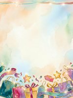 Watercolor shopping bags, gift boxes, and gold stars arranged on soft pastel background with cream, blue, and green washes. Festive design with ribbons and bows, ideal for holiday promotions, greeting cards, and seasonal marketing materials.