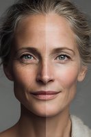 Split portrait showing aging process with natural wrinkles on one side and smooth skin on other side, illustrating beauty in aging.