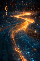 Glowing digital pathway with golden light streaming through blue data grid, representing technology flow and connectivity.