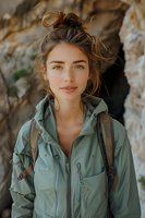 Young Caucasian woman with messy bun hairstyle wearing mint green windbreaker jacket and backpack outdoors, natural makeup, warm sunlight, rocky background.