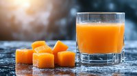 Fresh orange juice in glass with frozen pulp cubes on dark wet surface, morning sunlight through window, healthy breakfast drink concept.