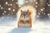 Adorable red squirrel sitting in snow with festive bokeh lights background, winter wildlife scene for holiday greeting cards and seasonal decorations.
