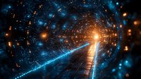 Futuristic digital tunnel with glowing blue and orange light particles creating a path toward bright illumination in dark cyberspace environment.