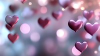 Pink and burgundy heart shapes floating on blurred bokeh background with soft glowing light effects, romantic Valentine's day or love concept design element.