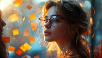 Young woman with glasses in profile view surrounded by glowing orange bokeh light effects creating dreamy atmospheric portrait.