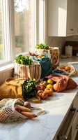 Sustainable grocery shopping with reusable bags filled with fresh organic produce on kitchen counter. Zero waste lifestyle and eco-friendly food storage concept.