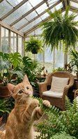 Curious ginger kitten playing with fern leaves in a lush greenhouse filled with tropical plants and cozy wicker furniture.