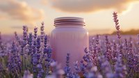 Glass jar among blooming lavender field at sunset, purple flowers in foreground, warm golden sky and soft focus natural background creates dreamy atmosphere.