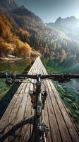 Bicycle parked on wooden dock overlooking mountain lake with autumn foliage and dramatic alpine peaks in golden sunlight for outdoor adventure concepts.