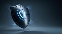 Cybersecurity shield with glowing blue protection symbol on dark background for digital security and data protection concepts.