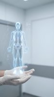 Holographic human skeleton anatomy projection floating above medical professional hands in modern healthcare facility for diagnostic and educational purposes.