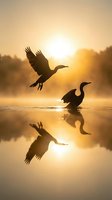 Silhouetted waterfowl taking flight and wading in misty lake at golden sunrise, with reflections on calm water surface. Perfect for nature, wildlife, and inspirational projects.