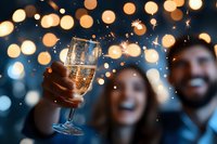 Champagne flute raised against blurred festive bokeh lights background with celebrating people, golden bubbles and sparkles creating magical atmosphere.