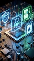Neon security icons including shield, padlock, and smartphone float above a smartphone on a circuit board, representing digital protection and cybersecurity technology.