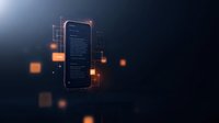 Smartphone displaying code or data floating in dark space with glowing orange digital elements, creating futuristic tech atmosphere for software development concepts.