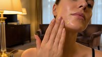 Young woman applying skincare cream to neck and jawline in cozy bedroom setting. Daily beauty routine, anti-aging treatment, moisturizing ritual concept.
