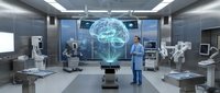 Surgeon in modern operating room with holographic brain display and advanced medical equipment for neurosurgery procedures.