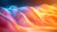 Vibrant abstract background with flowing waves of orange, pink and blue colors blending together, sparkling particles and glowing light effects creating dynamic motion.
