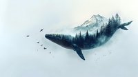 Surreal double exposure of majestic whale silhouette blending with misty mountain landscape and pine forest, flying birds create dreamy atmosphere on light background.