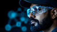 Middle Eastern man wearing futuristic glowing blue augmented reality glasses with network visualization effect against dark background with tech elements.