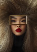 Asian woman with red lipstick and intense gaze through golden frame, surrounded by flowing brown hair against dark background. Creative fashion portrait for beauty and cosmetic advertising.