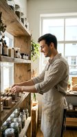 Man in beige linen apron organizing natural skincare products on wooden shelves near bright window, small business owner or artisan displaying handmade cosmetics.