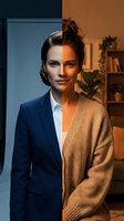 Professional woman in split lighting showing work-life balance transformation from business suit to casual sweater in modern home office environment.
